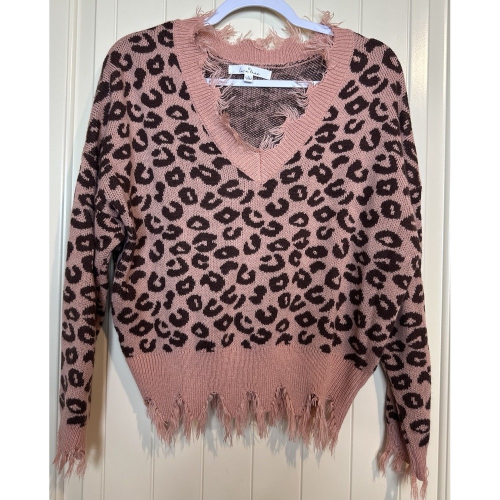 Love‎ Tree Sweater pink Leopard Print V Neck Long Sleeve Cropped fringe sz L GUC